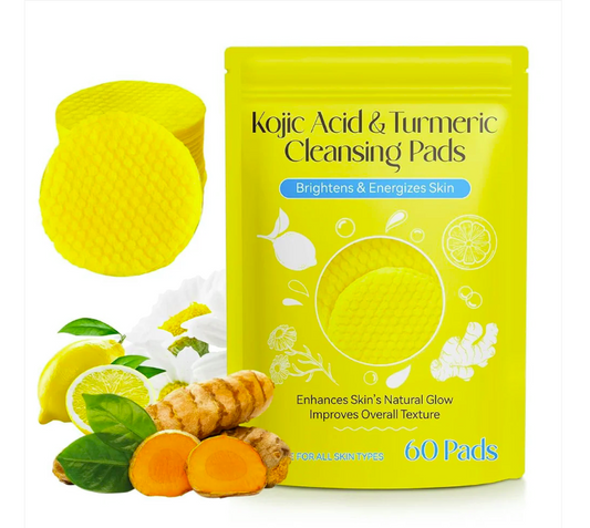 Kojic Acid and Turmeric Cleansing Pads for Dark Spots, Skin Brightening & Acne Prevention, with Vitamin B5, Vitamin C, Turmeric Infused Foaming Exfoliating Pads, for Face for All Skin Types -60PCS (Pack of 1 (60Pcs))