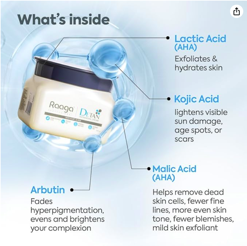 Raaga Professional De-Tan Pack with Kojic, Lactic Acid & Arbutin | Tan Removal Cream | Dermatologically Tested, Peroxide, Hydroquinone & Sulphate Free Face Pack- 500g