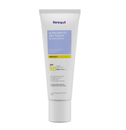 RE' EQUIL Ultra Matte Dry Touch Sunscreen | SPF 50 PA++++ | Water & Sweat Resistant | No White Cast, Non-Greasy & Non-Comedogenic | For All Skin Types | 50G