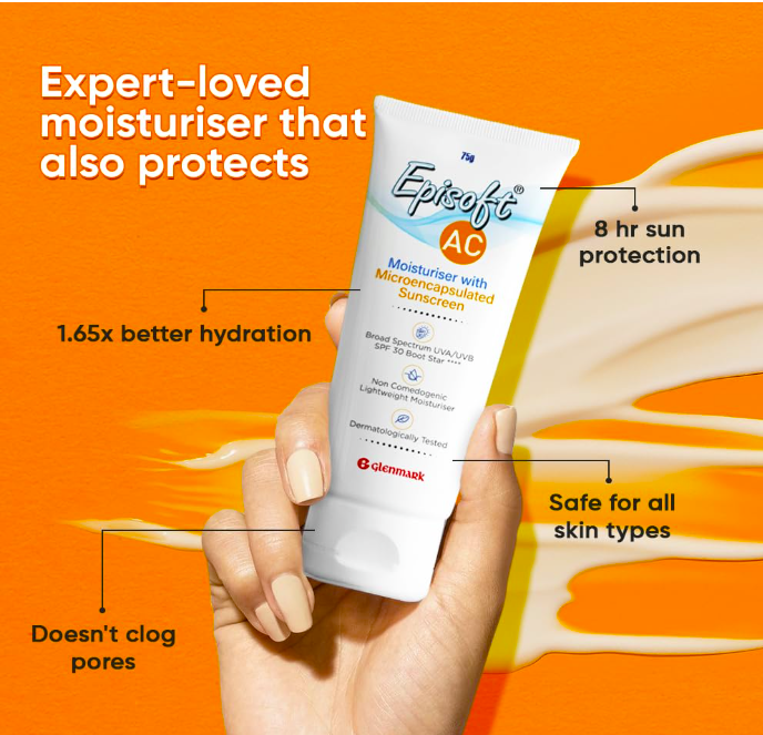 Episoft Ac Lightweight Moisturizer With Microencapsulated Sunscreen | Acne Safe | All Skin Types | Paraben & Fragrance Free | Suitable For Men & Women | 75Gm, 30 SPF
