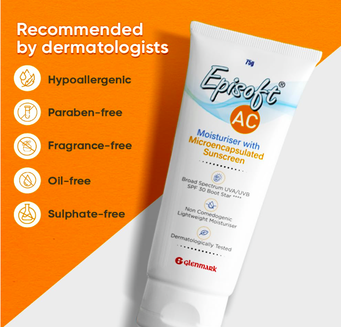 Episoft Ac Lightweight Moisturizer With Microencapsulated Sunscreen | Acne Safe | All Skin Types | Paraben & Fragrance Free | Suitable For Men & Women | 75Gm, 30 SPF